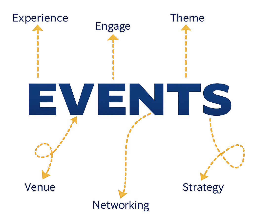 Eventara EVENTS framework illustrating Experience, Venue, Engage, Networking, Theme and Strategy.